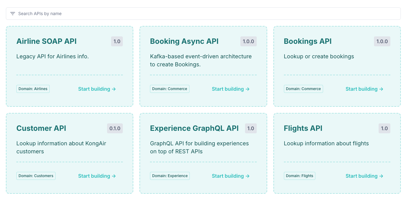 APIs list utilizing a Dev Portal snippet for each API card